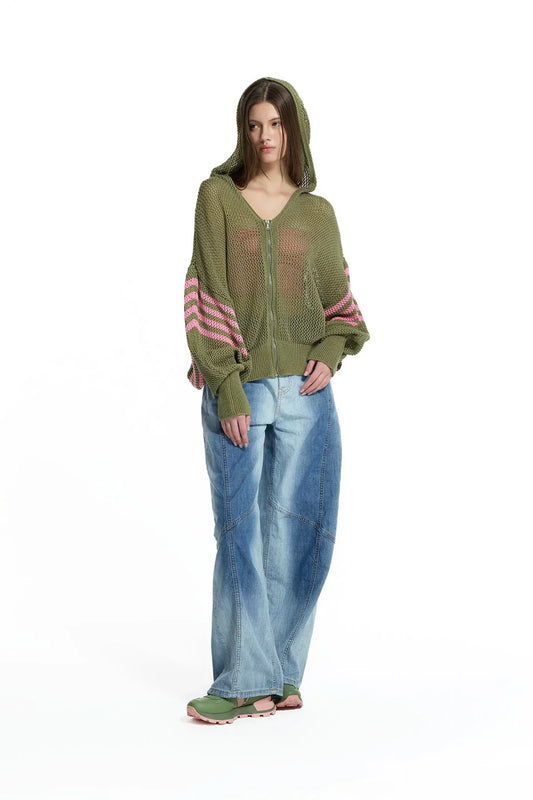 Khaki Pink Openwork Stripe Knit Sweater