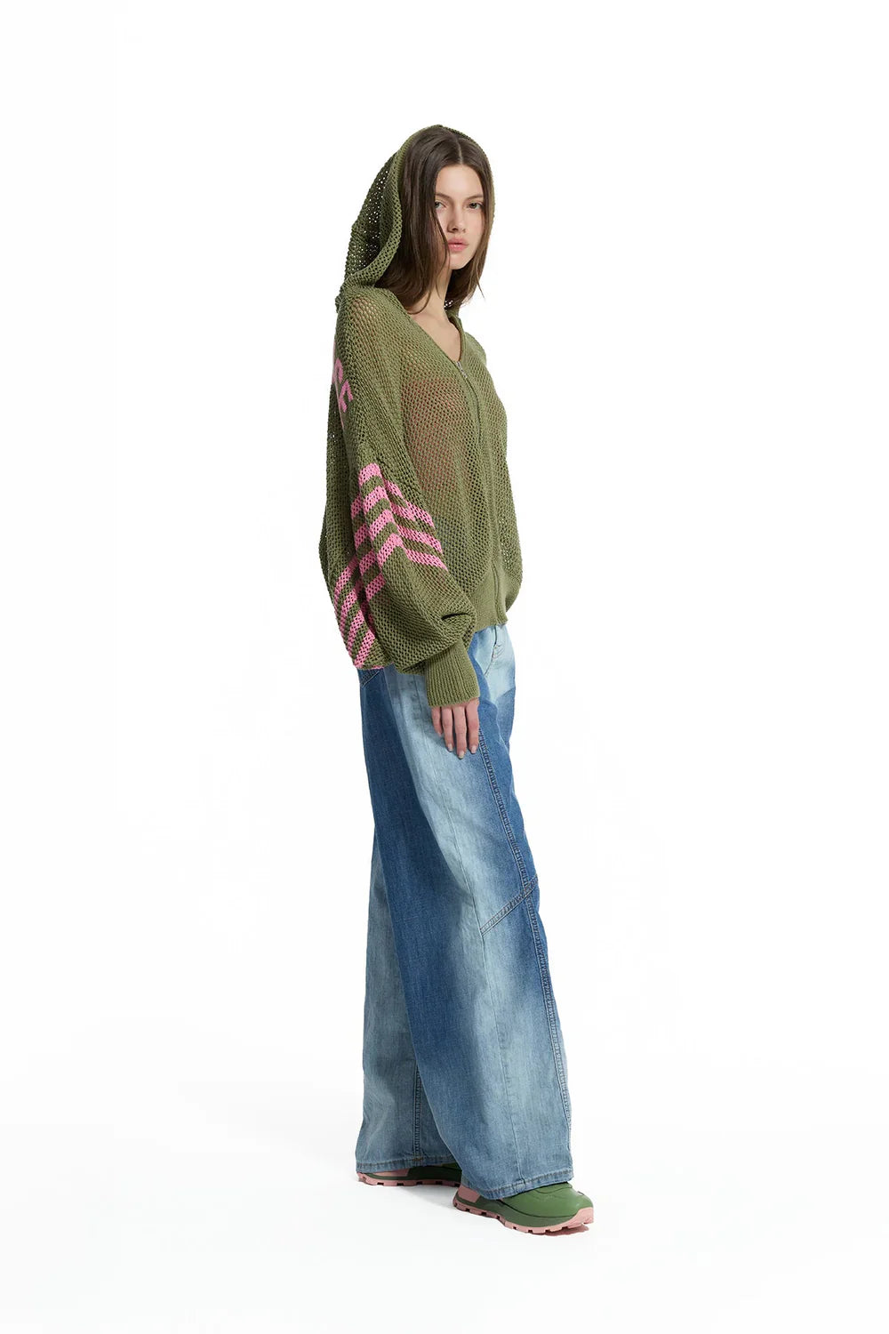 Khaki Pink Openwork Stripe Knit Sweater