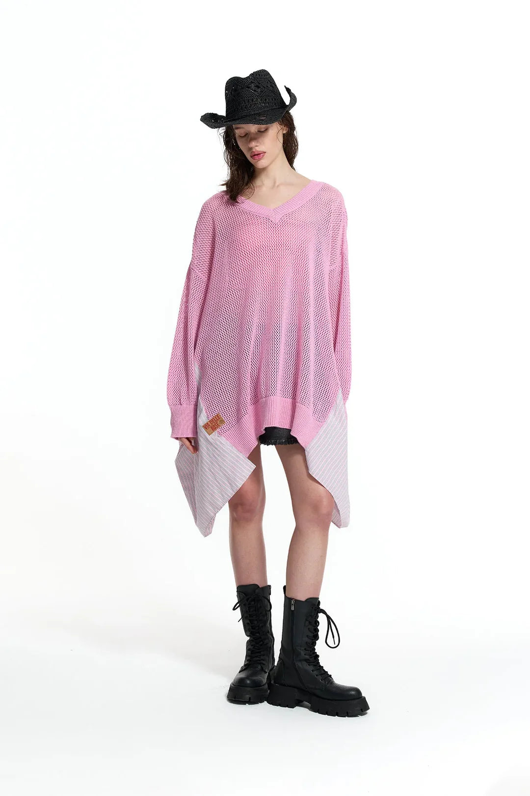 Pink Asymmetric Panel Knit Sweater