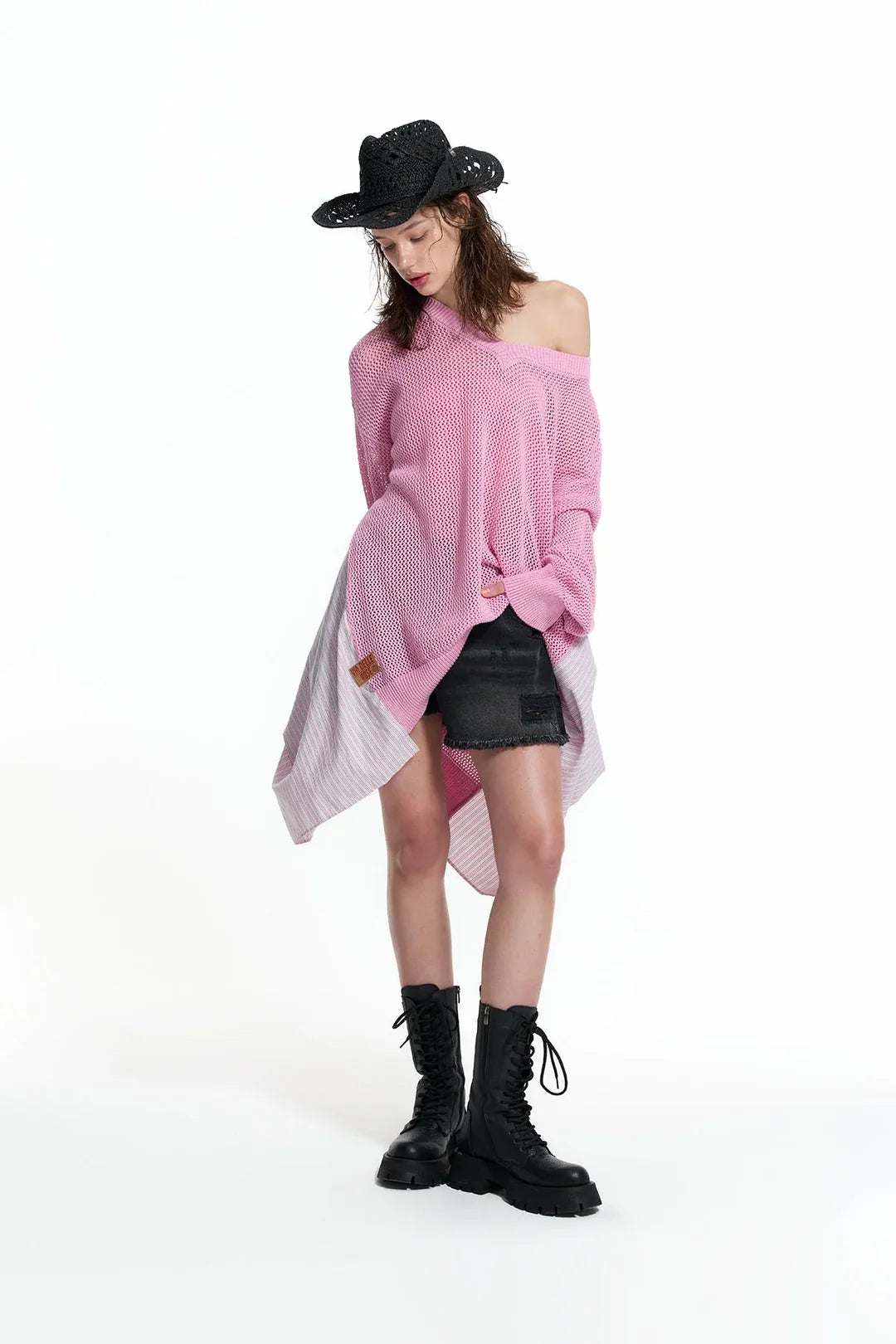 Pink Asymmetric Panel Knit Sweater