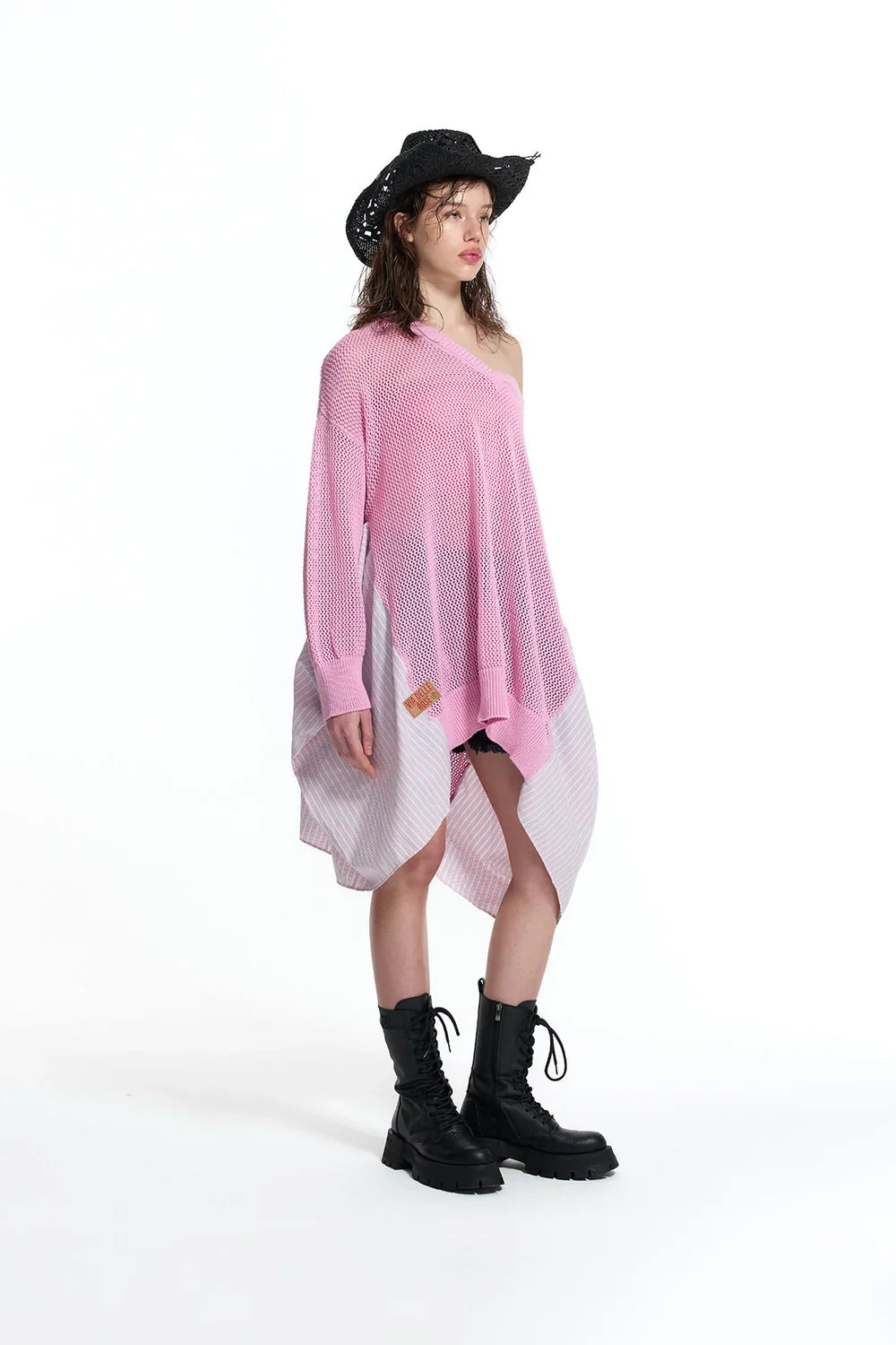 Pink Asymmetric Panel Knit Sweater
