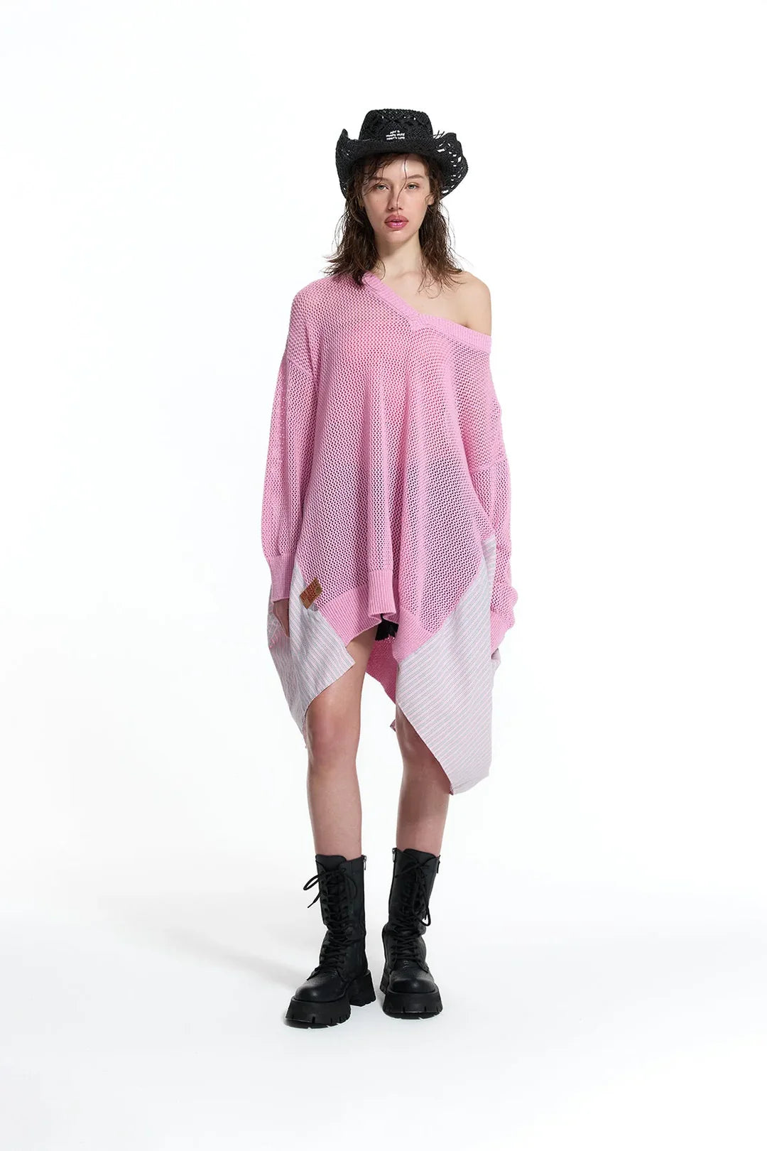 Pink Asymmetric Panel Knit Sweater