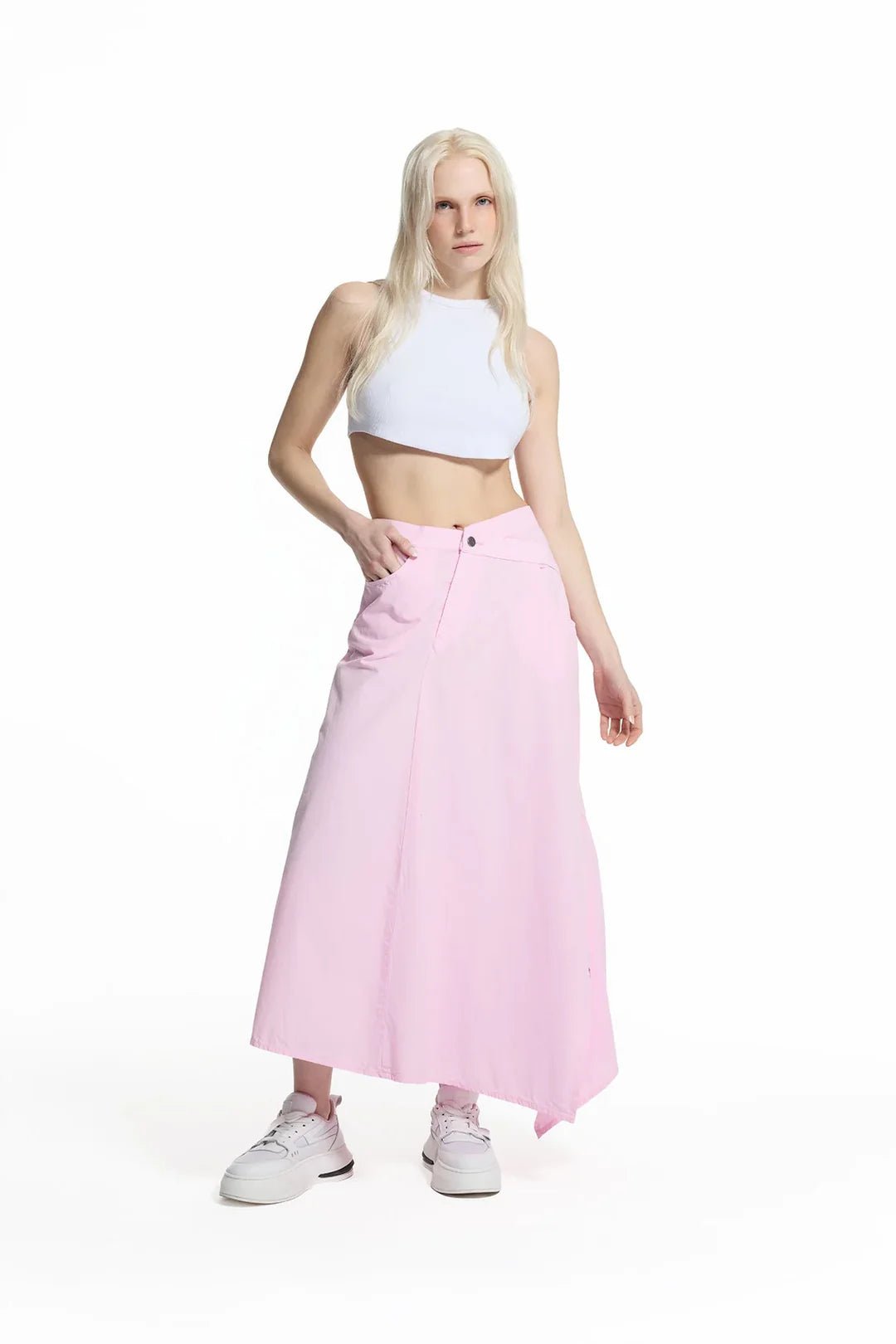 Pink Asymmetric Slit Detailed Long Skirt