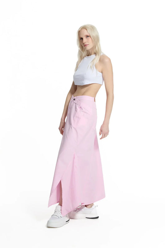 Pink Asymmetric Slit Detailed Long Skirt