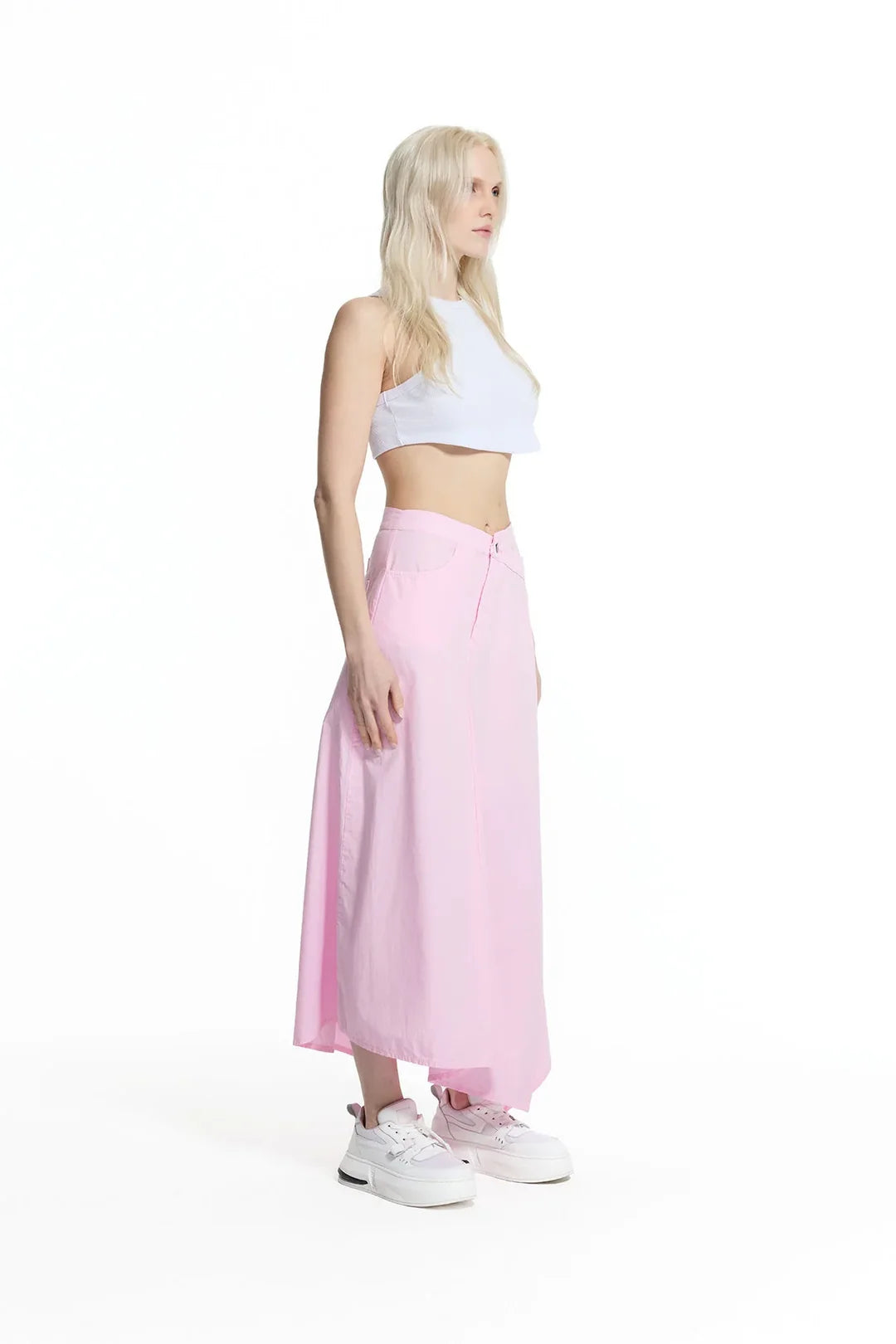 Pink Asymmetric Slit Detailed Long Skirt