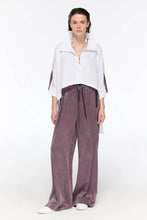 Load image into Gallery viewer, White high-low shirt and plum trousers
