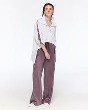 Load image into Gallery viewer, White high-low shirt and plum trousers
