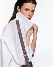 Load image into Gallery viewer, White high-low shirt and plum trousers
