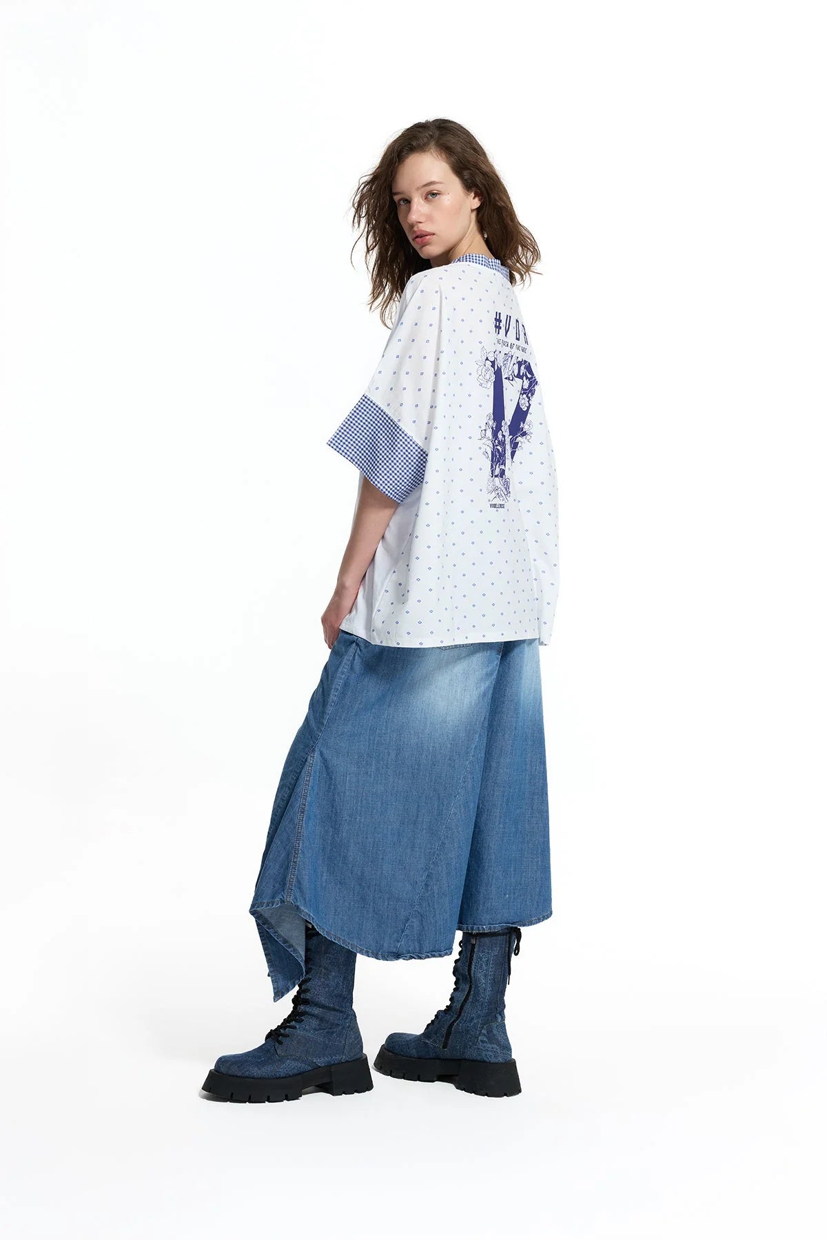 White Blue V Neck Vdr Print Oversized T-Shirt