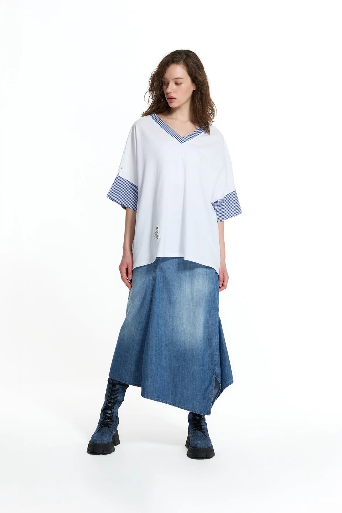 White Blue V Neck Vdr Print Oversized T-Shirt