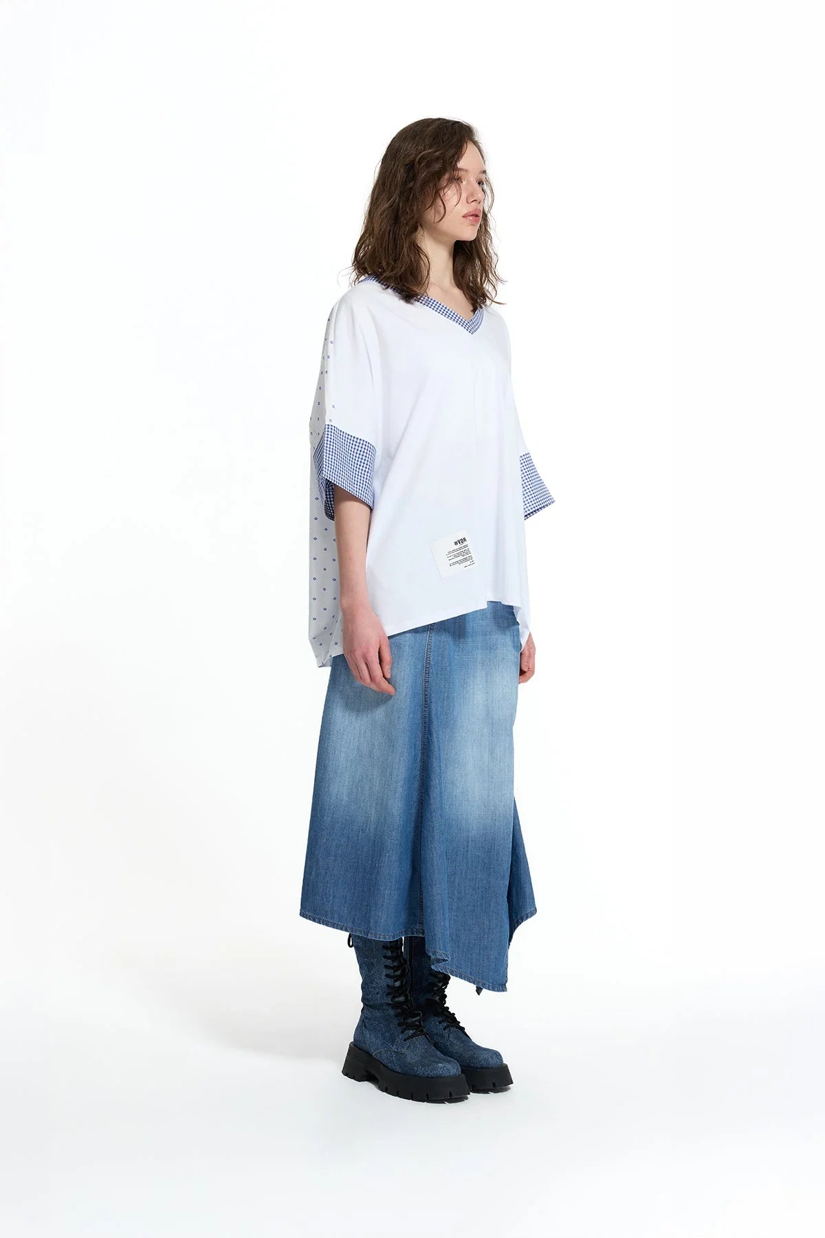 White Blue V Neck Vdr Print Oversized T-Shirt