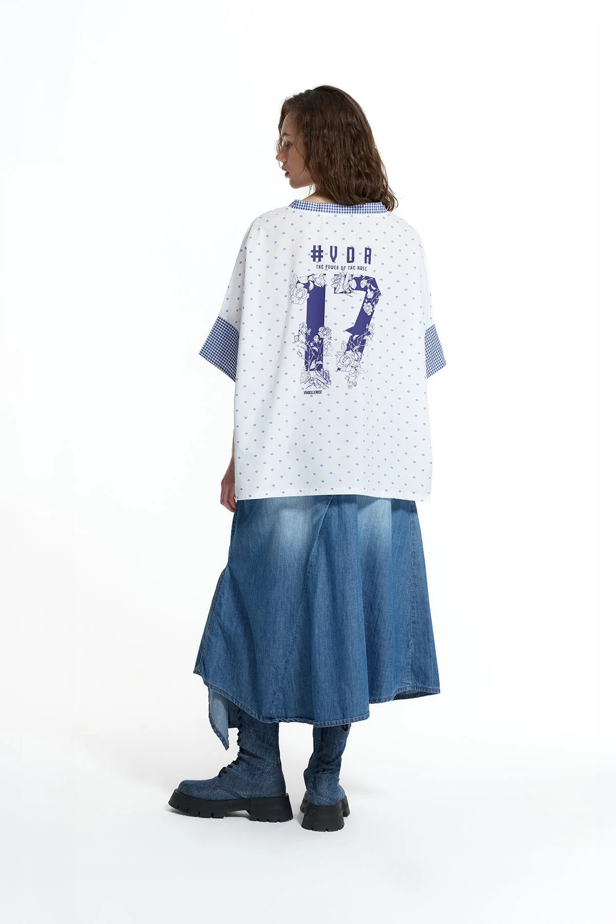 White Blue V Neck Vdr Print Oversized T-Shirt