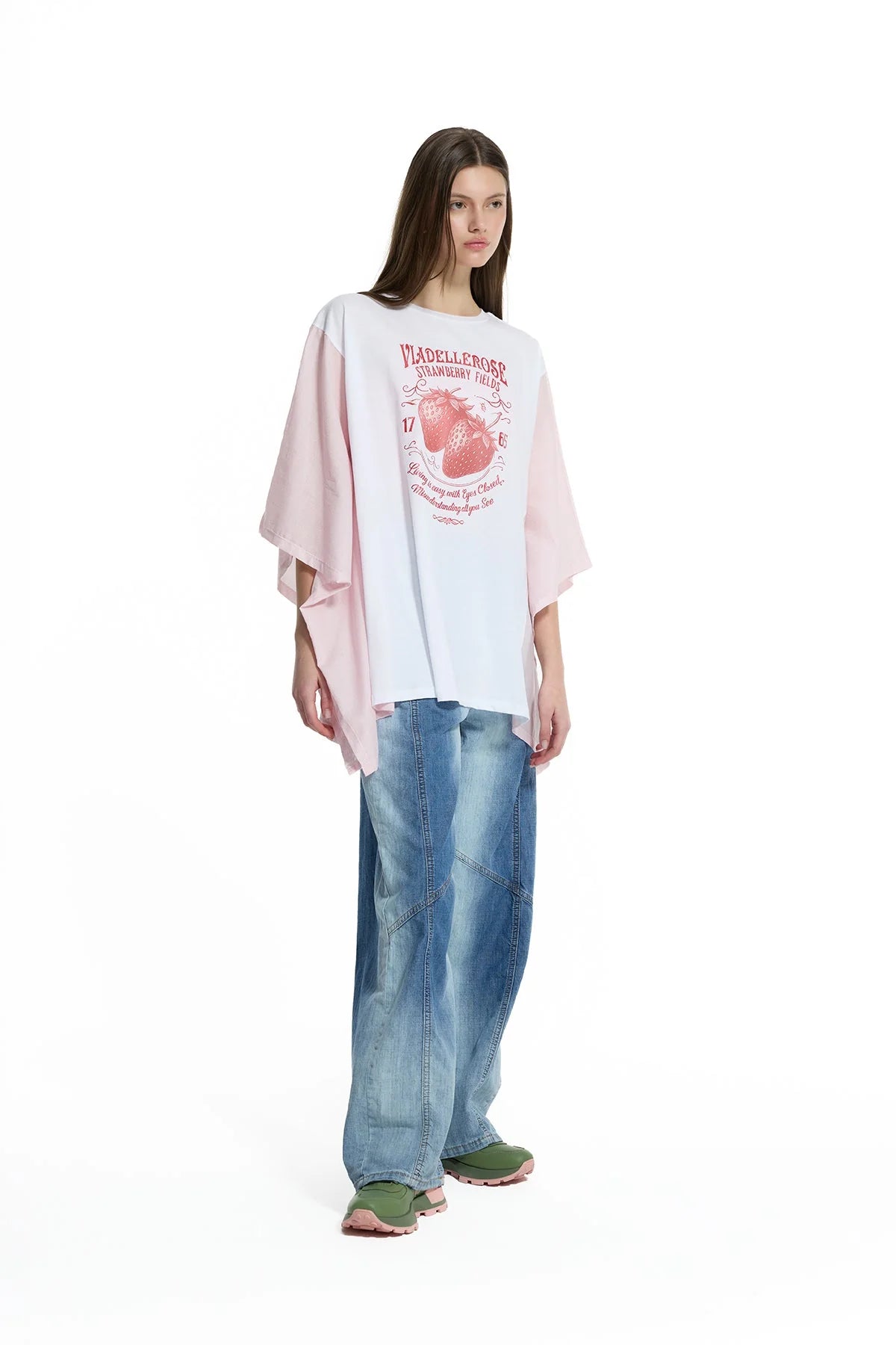 White Pink Front Printed Wide Fit Batwing Sleeve T