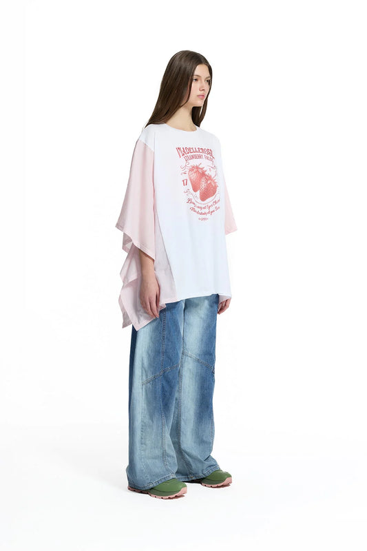 White Pink Front Printed Wide Fit Batwing Sleeve T