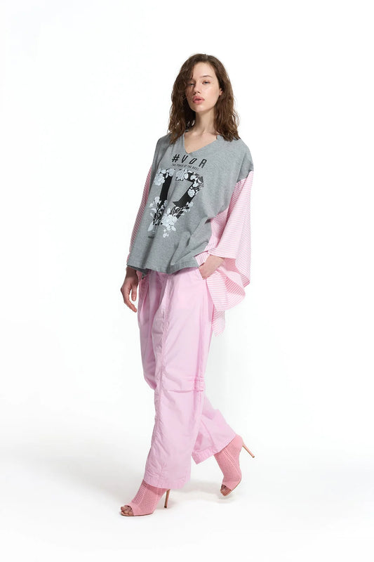 Grey Mélange Pink Front Print V Neck Batwing Sleeve