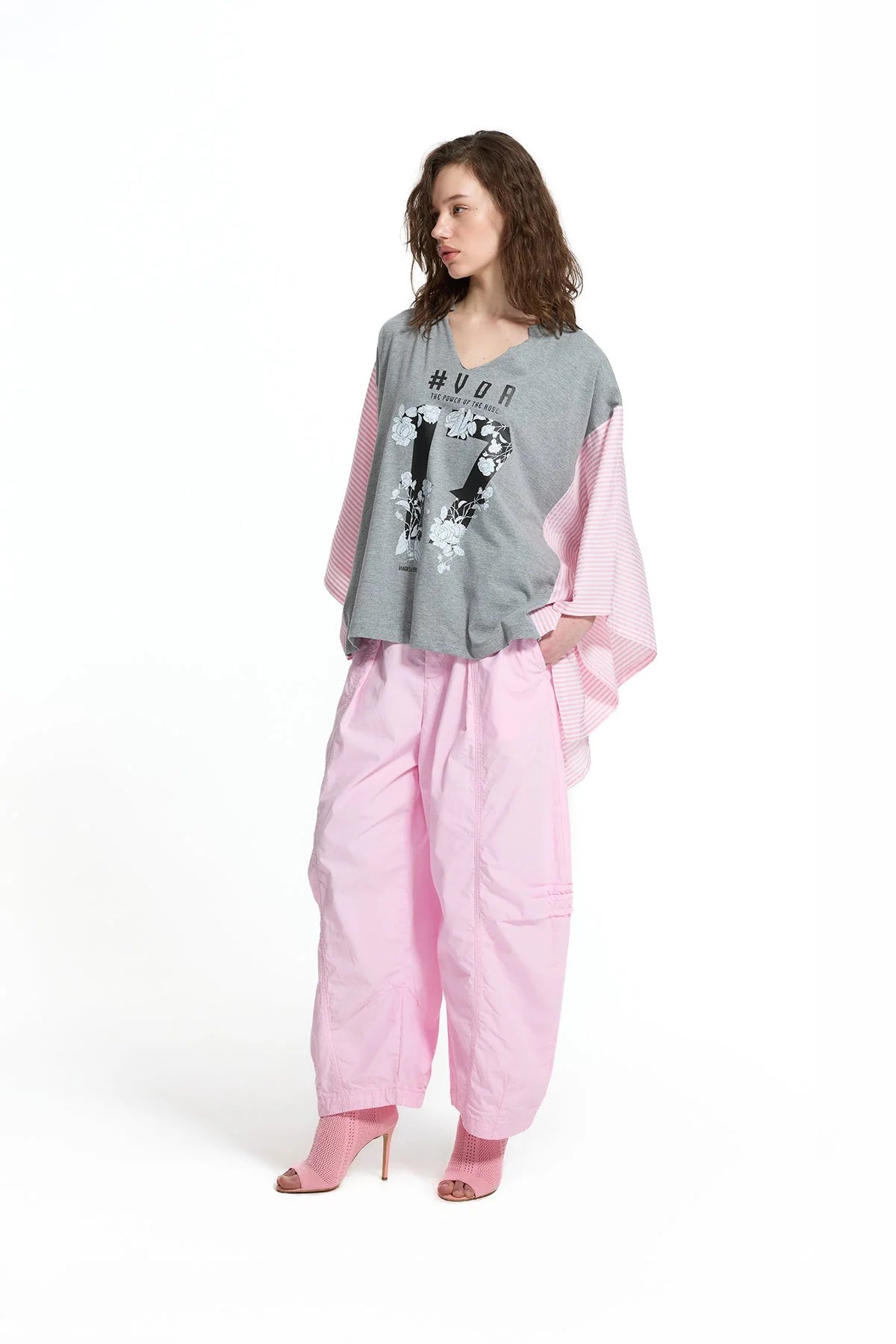 Grey Mélange Pink Front Print V Neck Batwing Sleeve