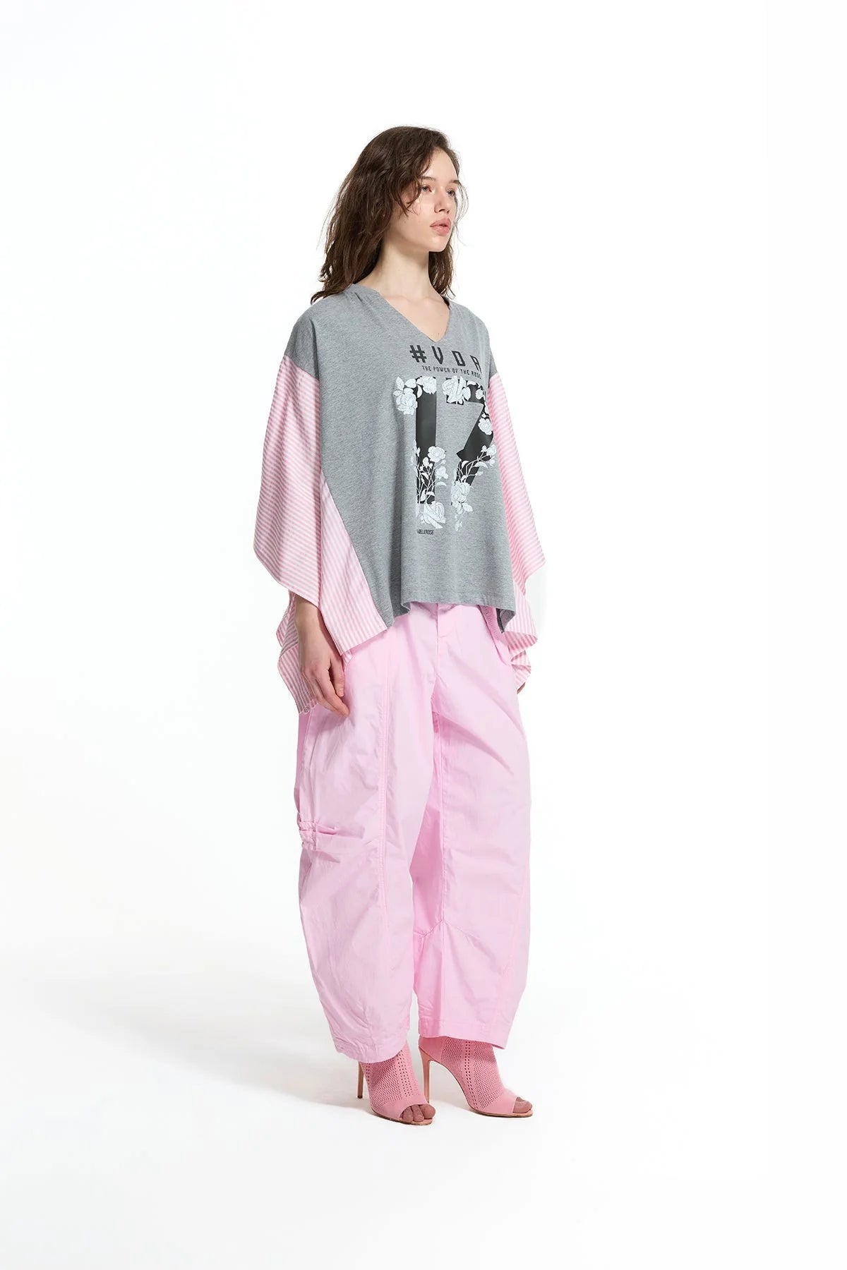 Grey Mélange Pink Front Print V Neck Batwing Sleeve