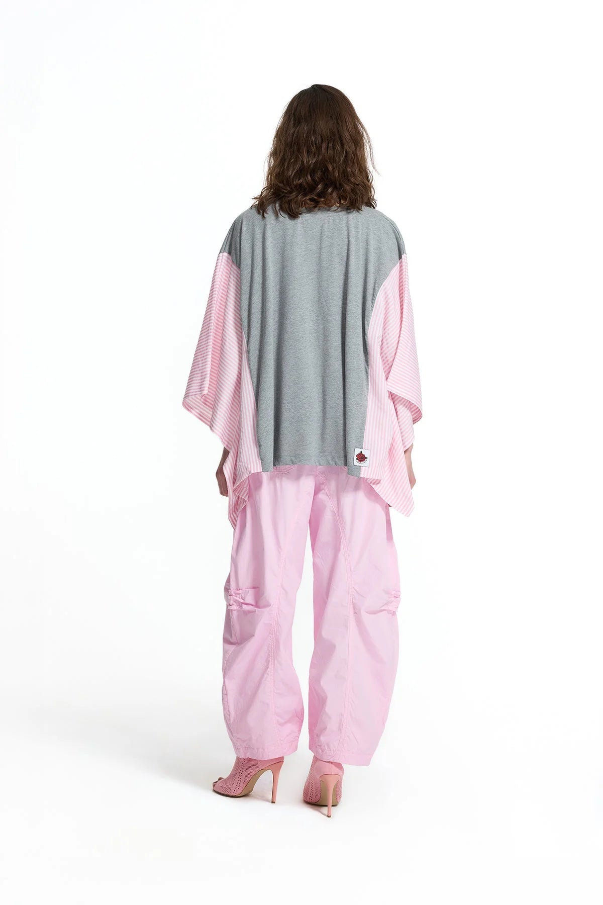 Grey Mélange Pink Front Print V Neck Batwing Sleeve