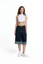 Load image into Gallery viewer, Blue Folded Hem Loose Fit Denim Bermuda Shorts
