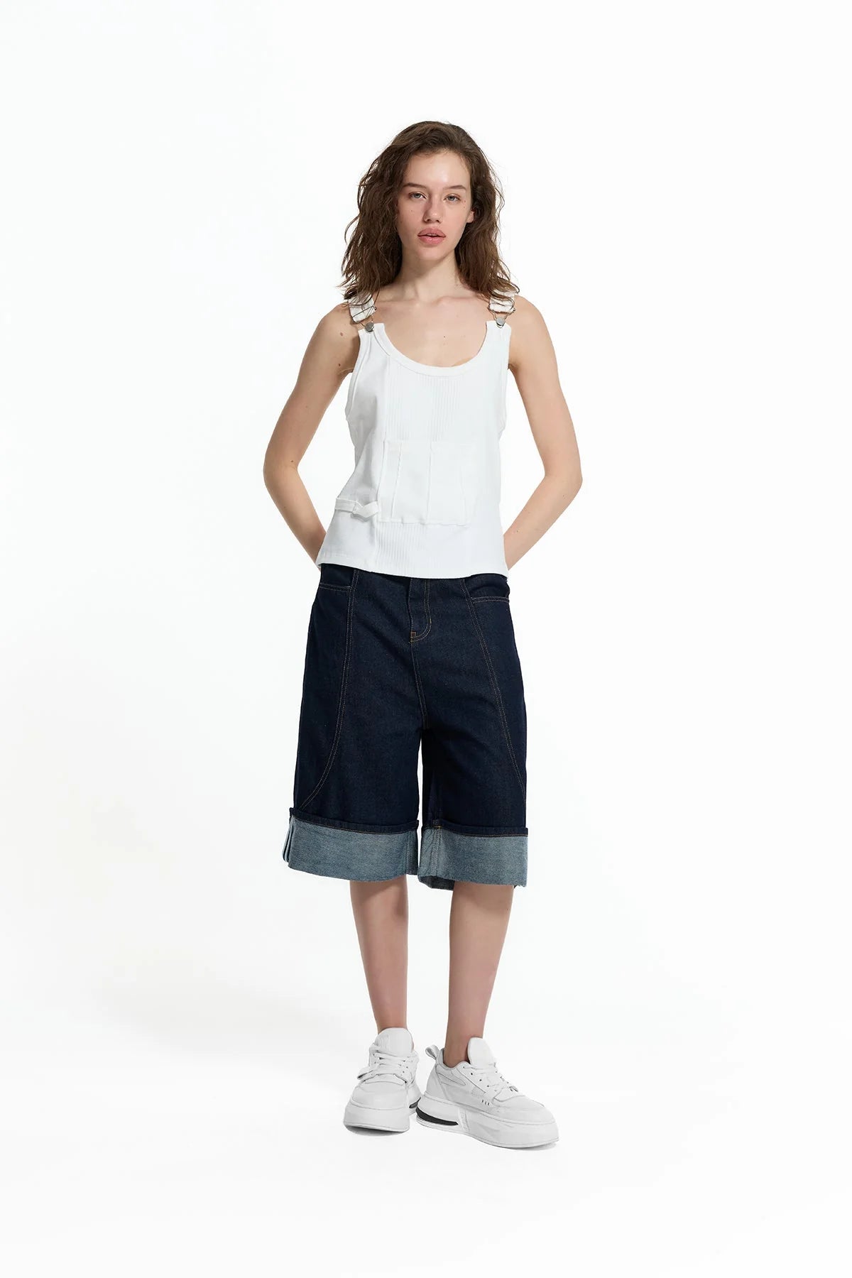 Blue Folded Hem Loose Fit Denim Bermuda Shorts