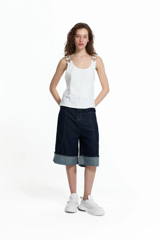 Blue Folded Hem Loose Fit Denim Bermuda Shorts