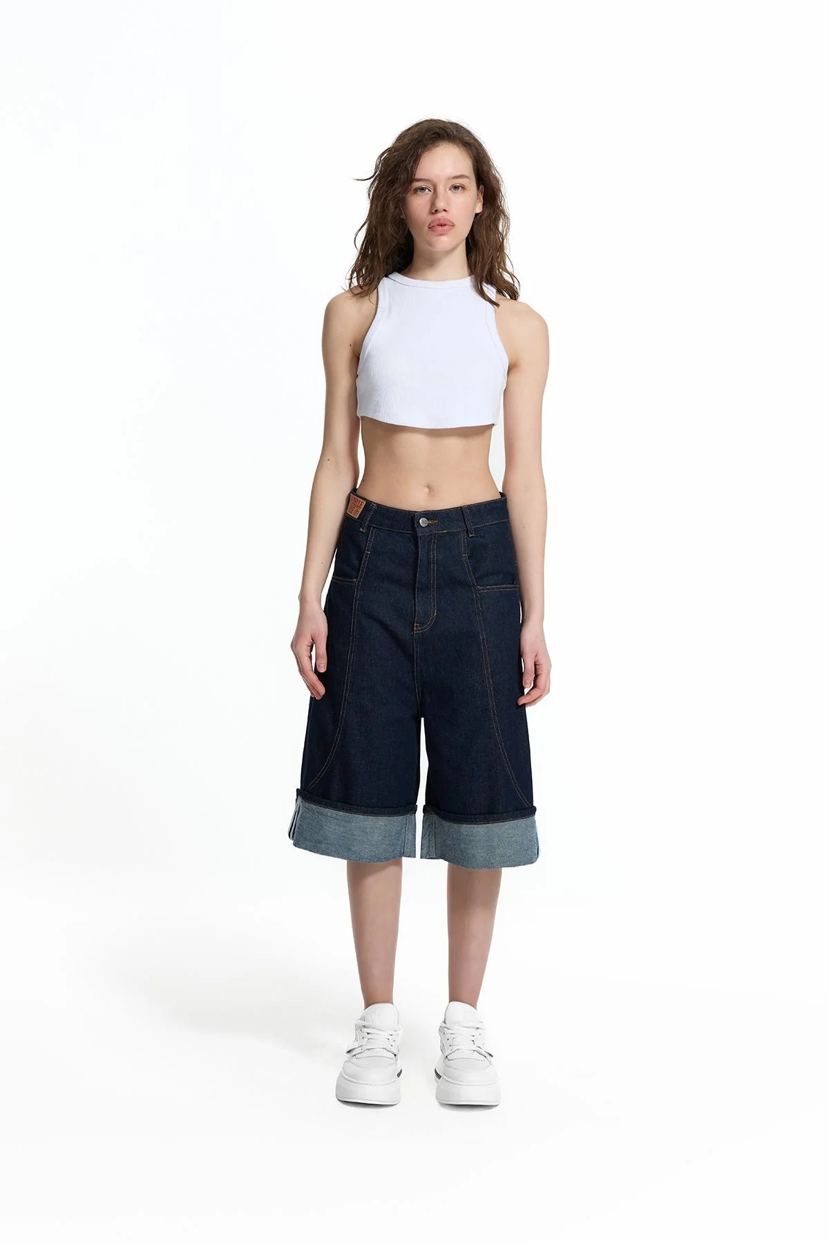 Blue Folded Hem Loose Fit Denim Bermuda Shorts