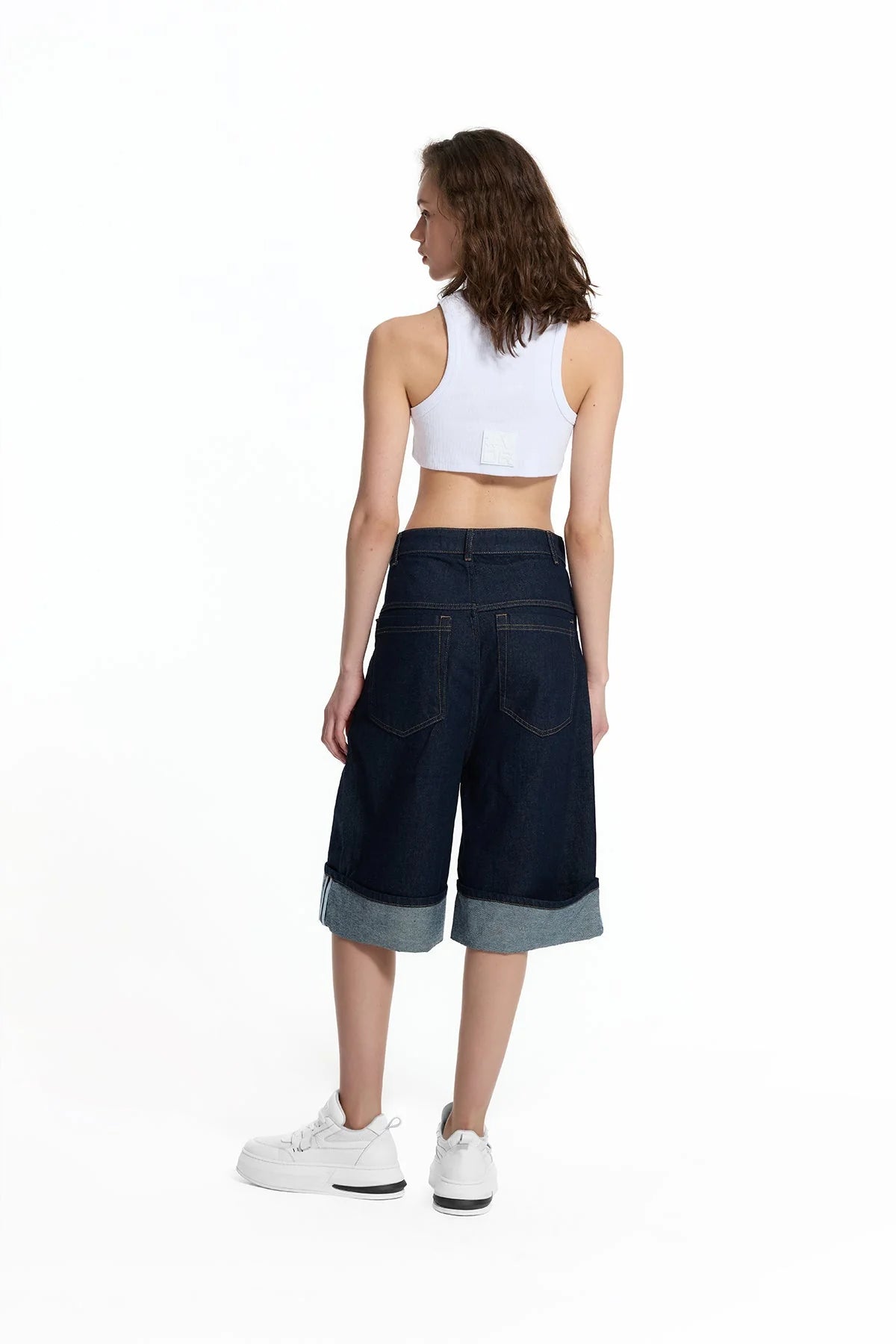 Blue Folded Hem Loose Fit Denim Bermuda Shorts