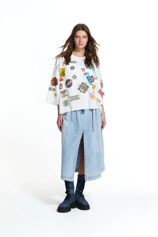 White Patch Detail Oversize Half Sleeve Sweatshirt