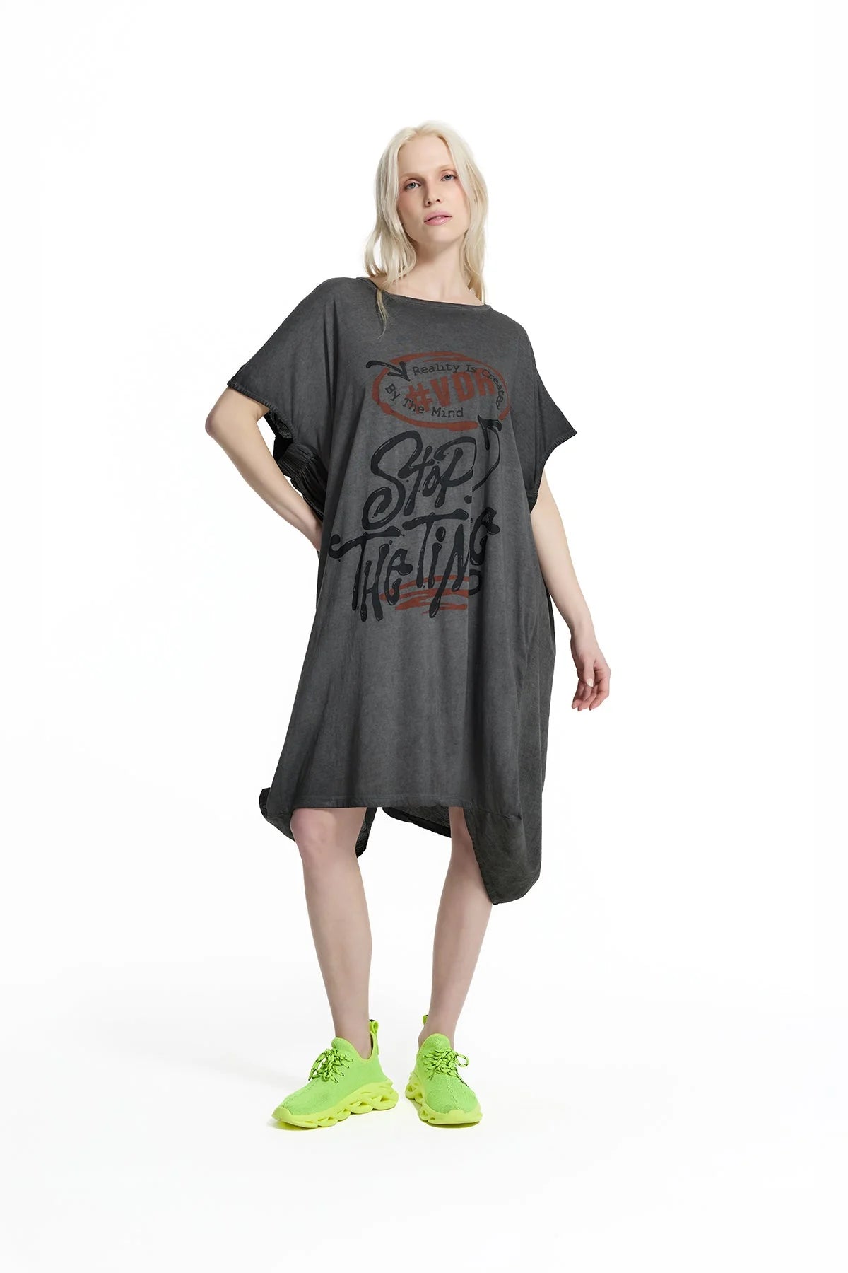 Black Washed Graphic Expression Oversized T-shirt Dress
