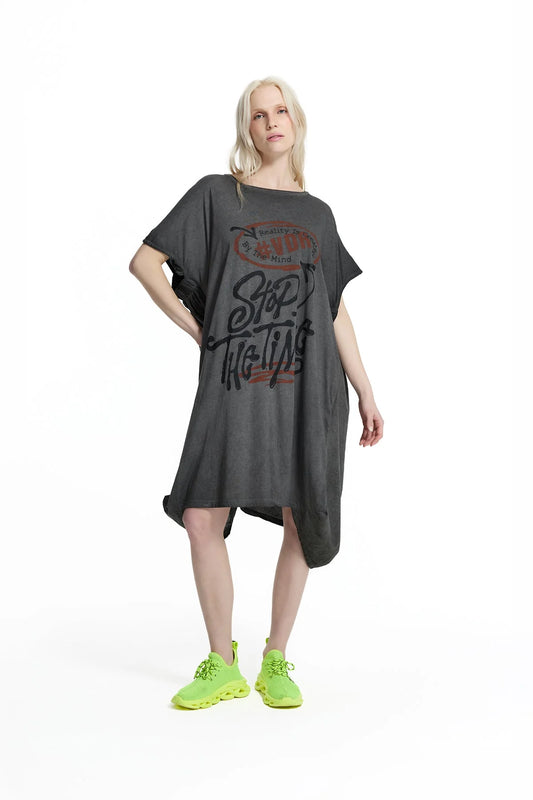 Black Washed Graphic Expression Oversized T-shirt Dress