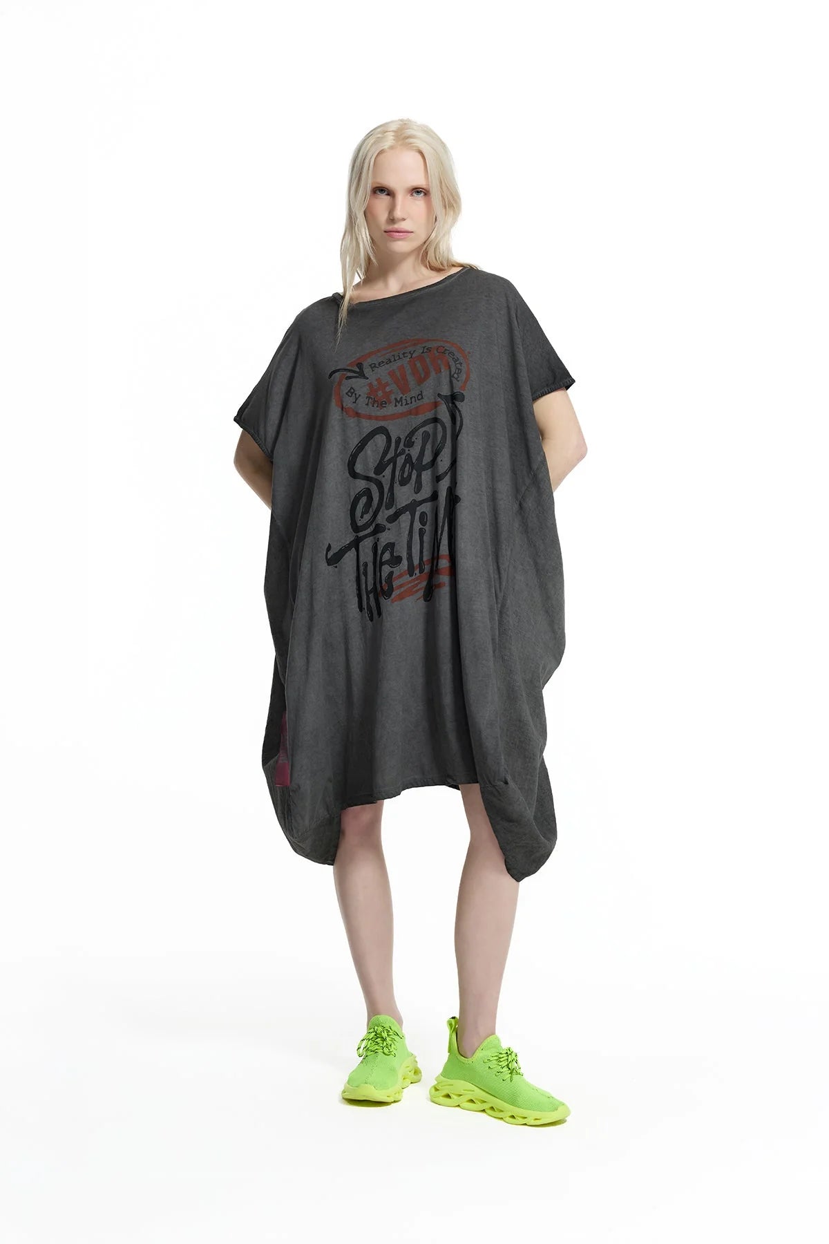 Black Washed Graphic Expression Oversized T-shirt Dress