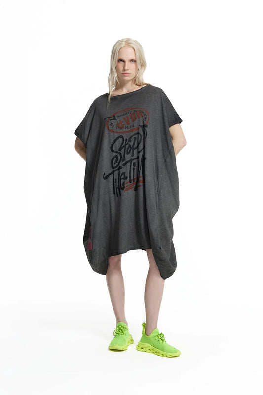 Black Washed Graphic Expression Oversized T-shirt Dress