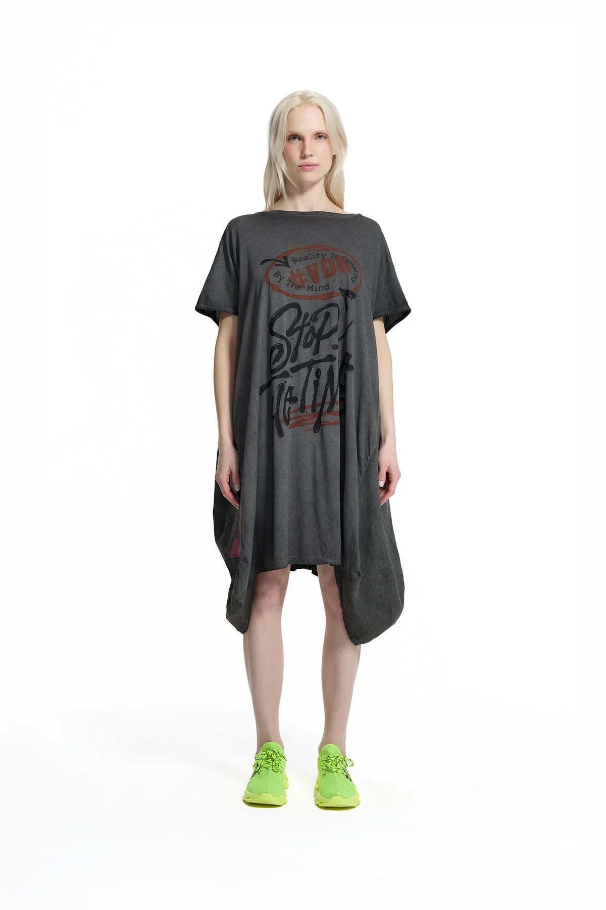 Black Washed Graphic Expression Oversized T-shirt Dress