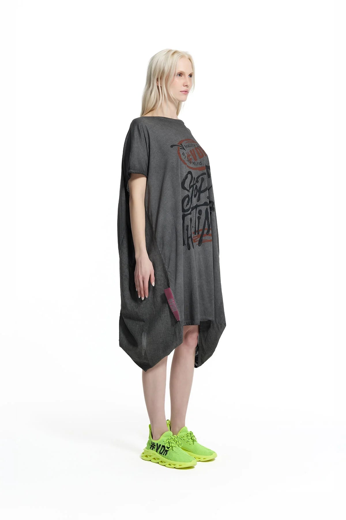 Black Washed Graphic Expression Oversized T-shirt Dress