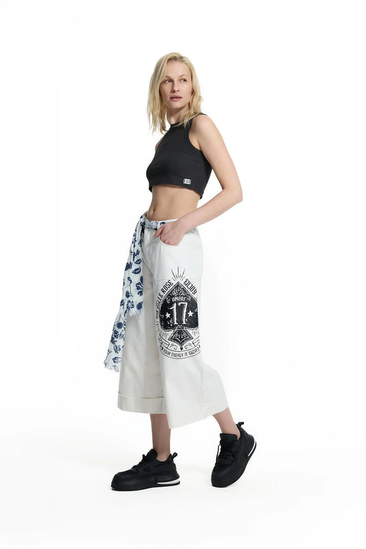 White Patch Print Belted Trousers