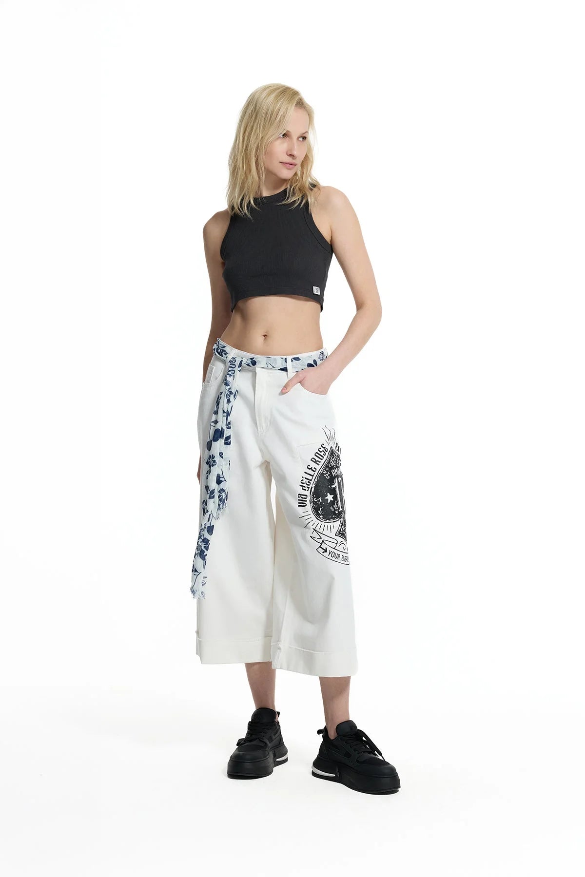 White Patch Print Belted Trousers