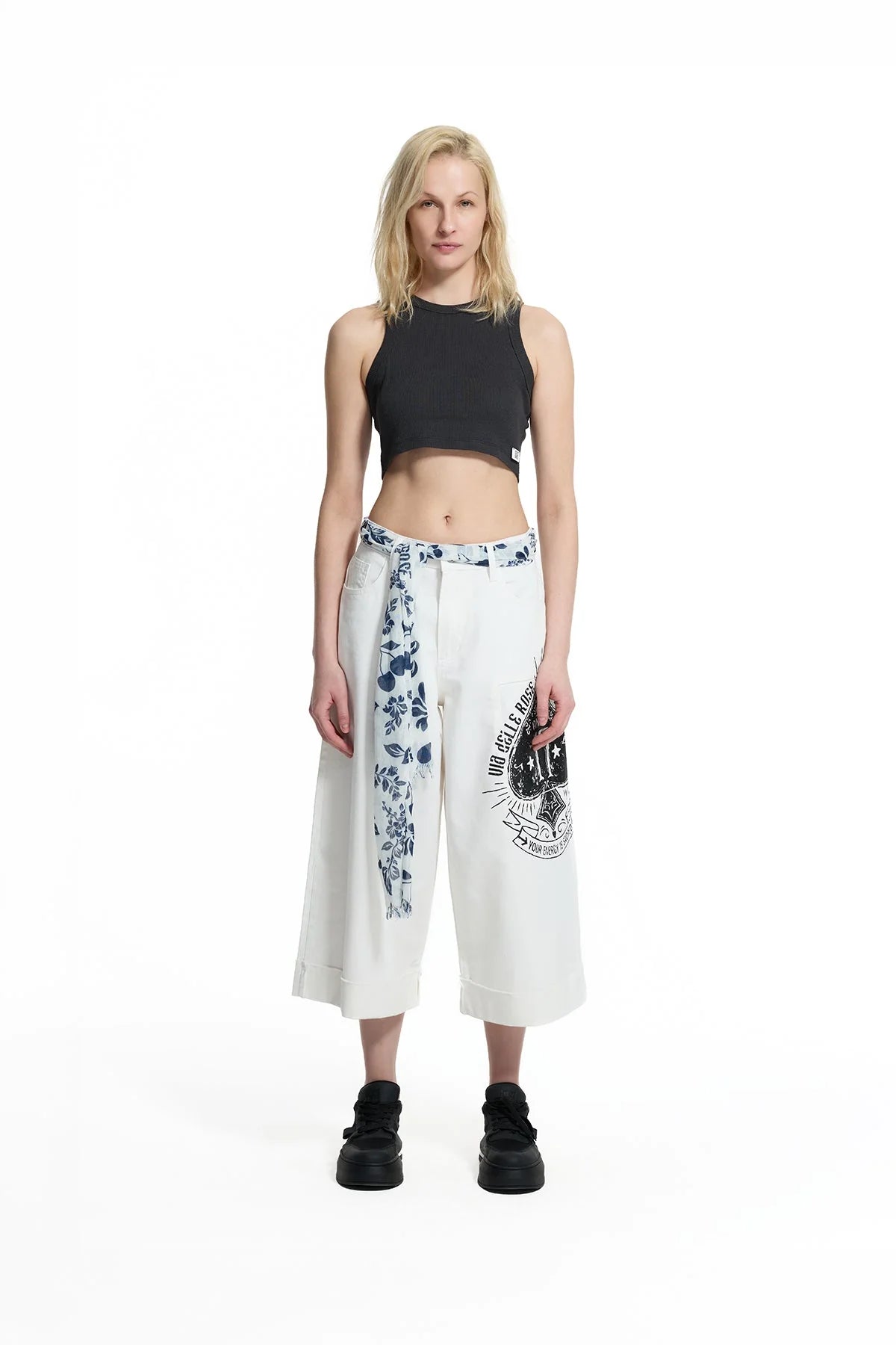 White Patch Print Belted Trousers