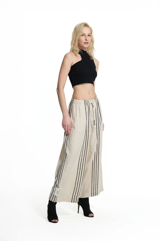 Beige Black Striped Linen Blend Wide-leg Trousers