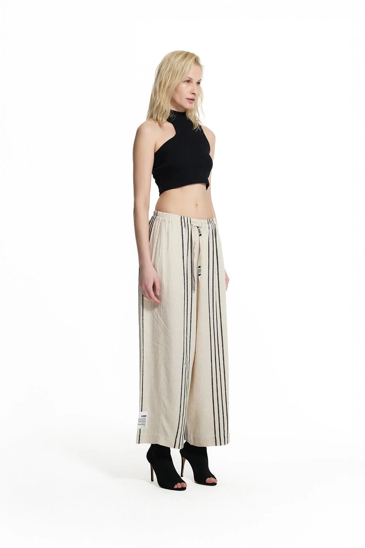 Beige Black Striped Linen Blend Wide-leg Trousers
