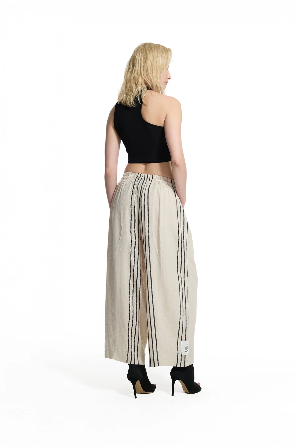 Beige Black Striped Linen Blend Wide-leg Trousers