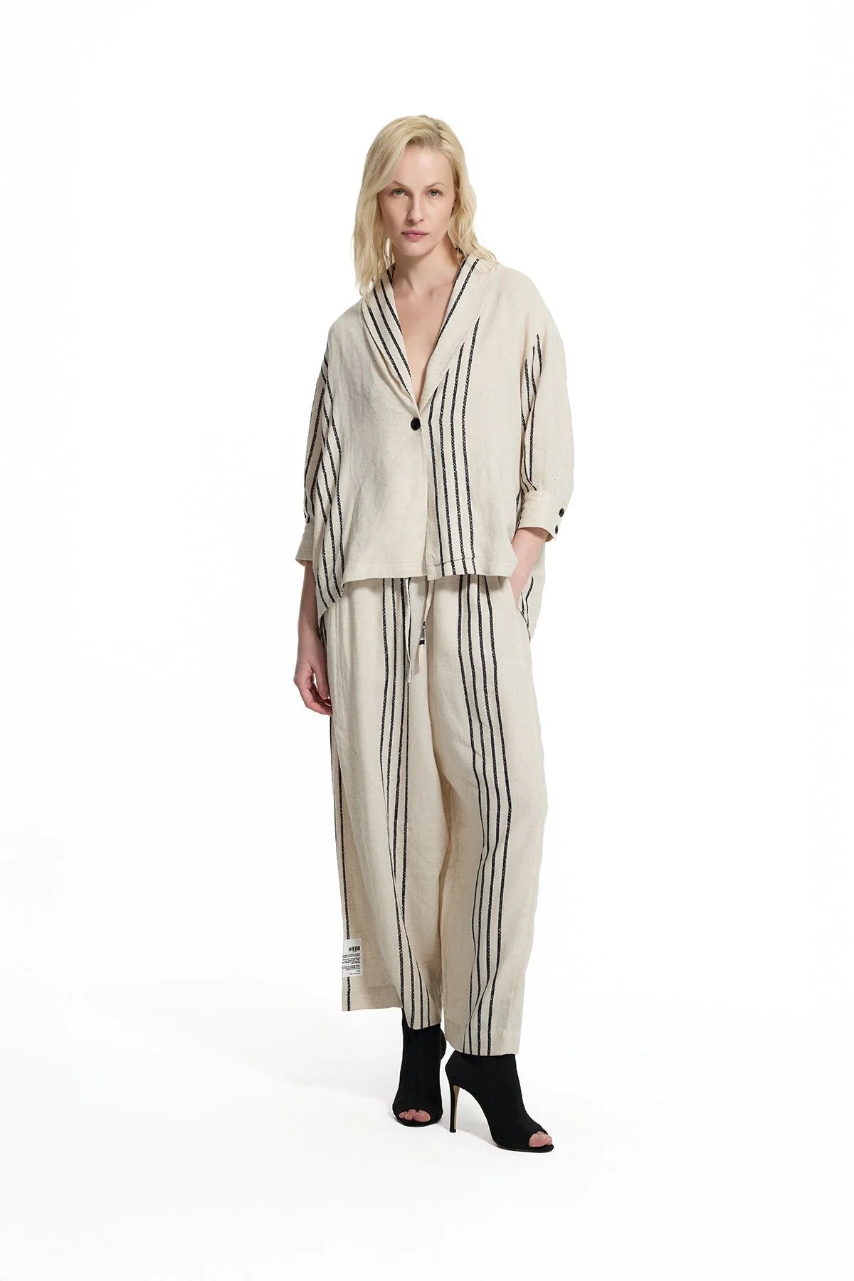 Beige Black Striped Linen Shirt Jacket