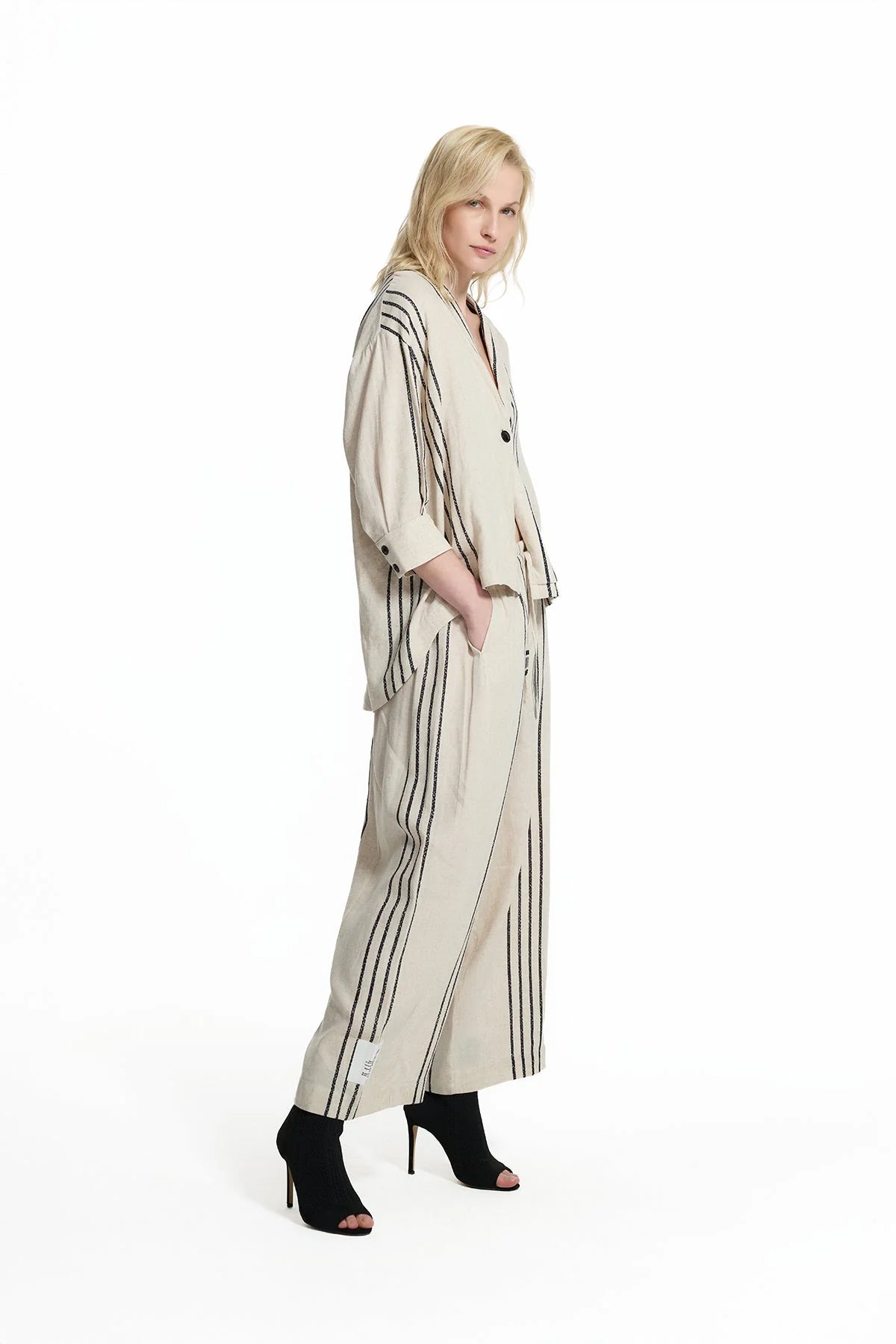 Beige Black Striped Linen Shirt Jacket