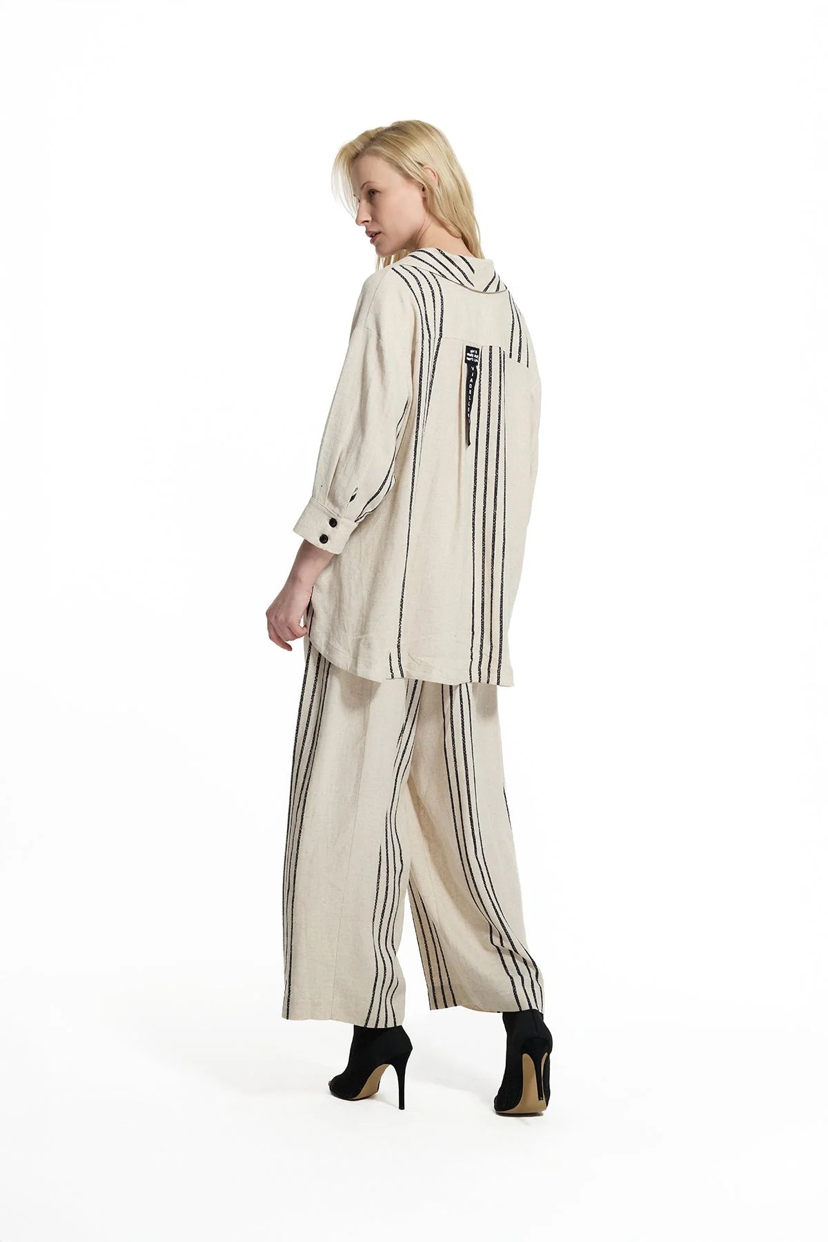Beige Black Striped Linen Shirt Jacket