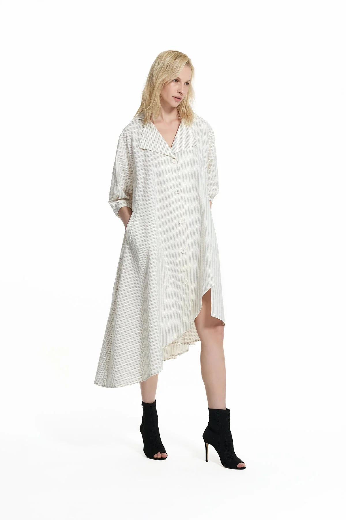 Cream Striped Asymmetric Midi Dress