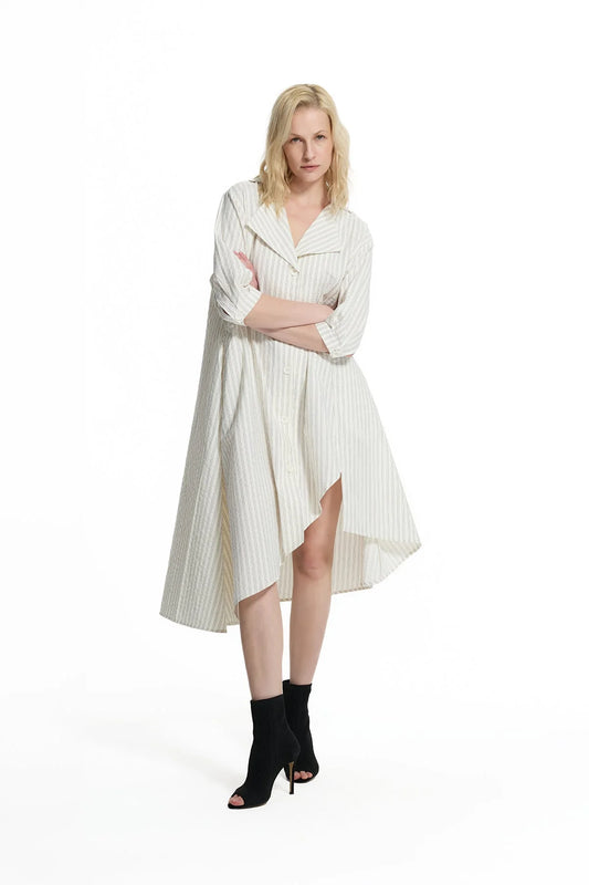 Cream Striped Asymmetric Midi Dress