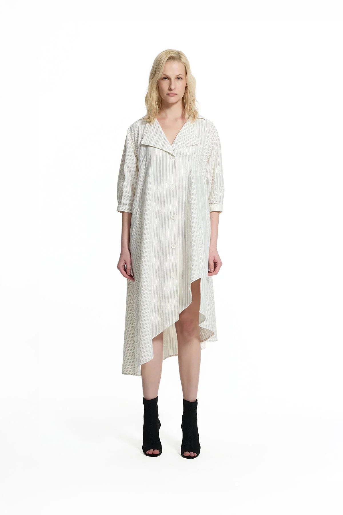 Cream Striped Asymmetric Midi Dress