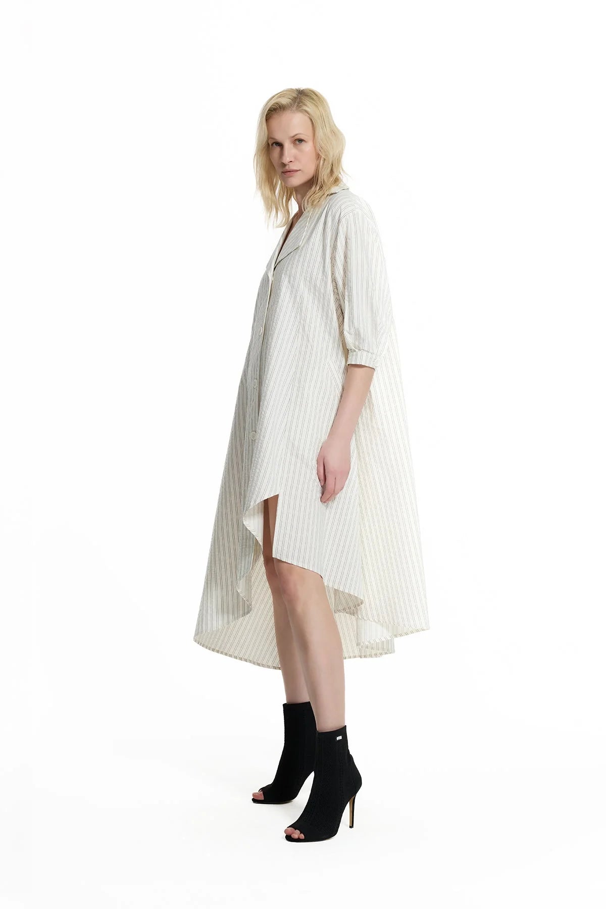 Cream Striped Asymmetric Midi Dress