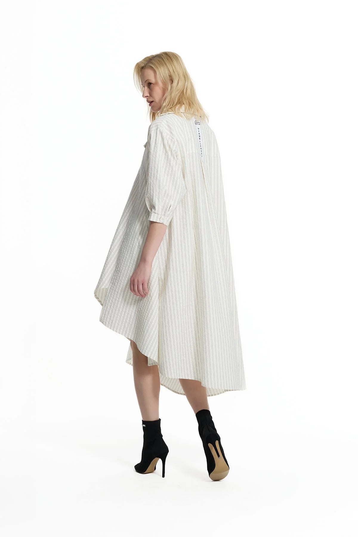 Cream Striped Asymmetric Midi Dress