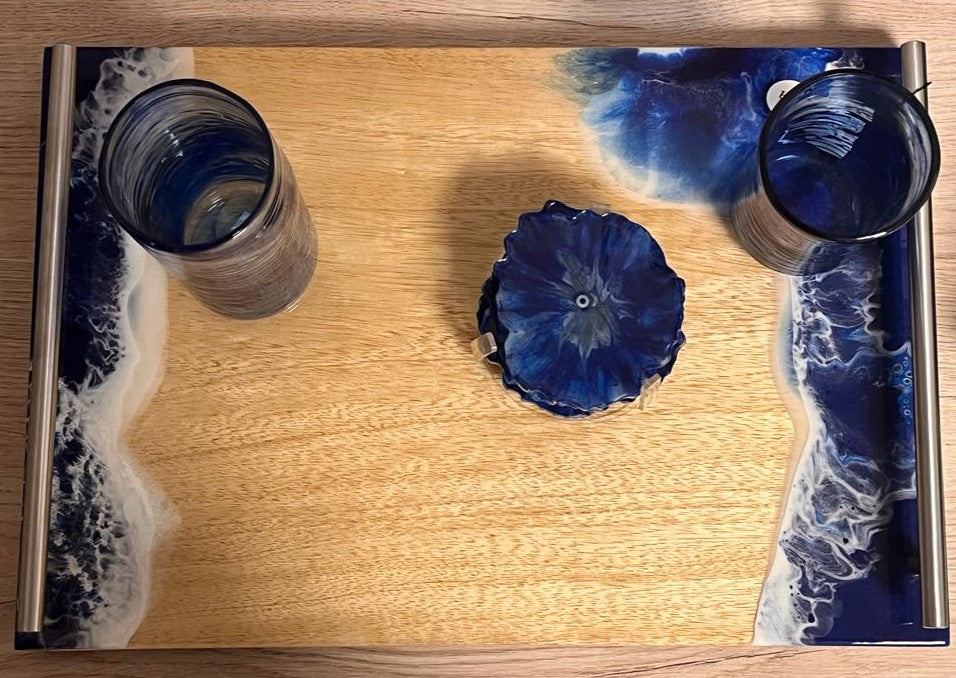 Ocean Tray with Glass Cups and Blue Eye Geode Coasters