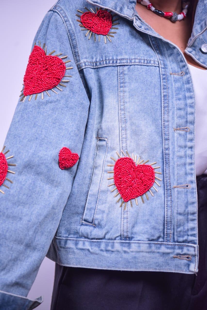 Denim Jacket Red Hearts